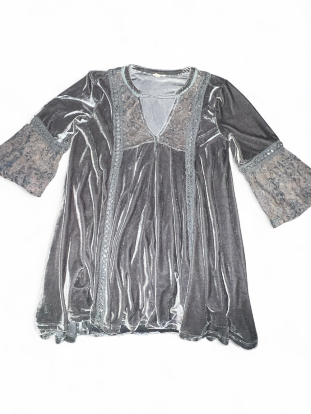 Grey Velvet Dress With Lace Trim